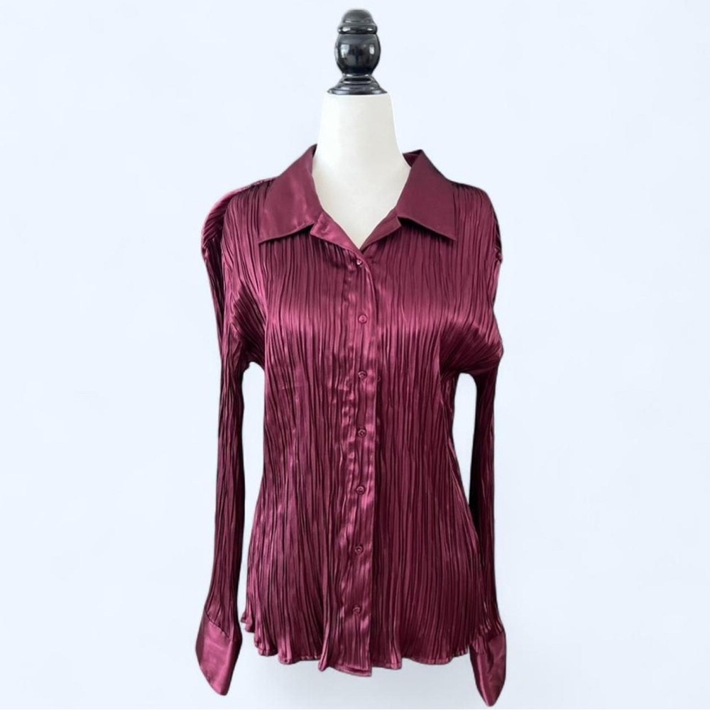 Reitmans Burgundy Pleated Satin Button Up Blouse Whimsigoth Goth Vampirecore XL - Picture 2 of 7